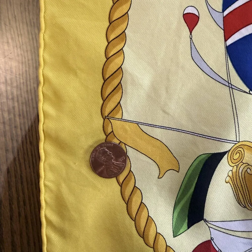 HERMES Vintage Les Folies du Ciel Yellow 90 cm Silk Square Scarf Box Good RARE - Picture 10 of 16